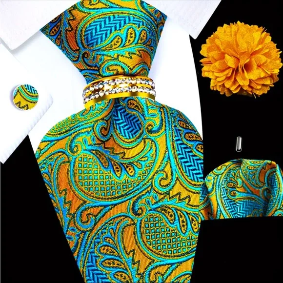 Paisley Golden teal Tie Set